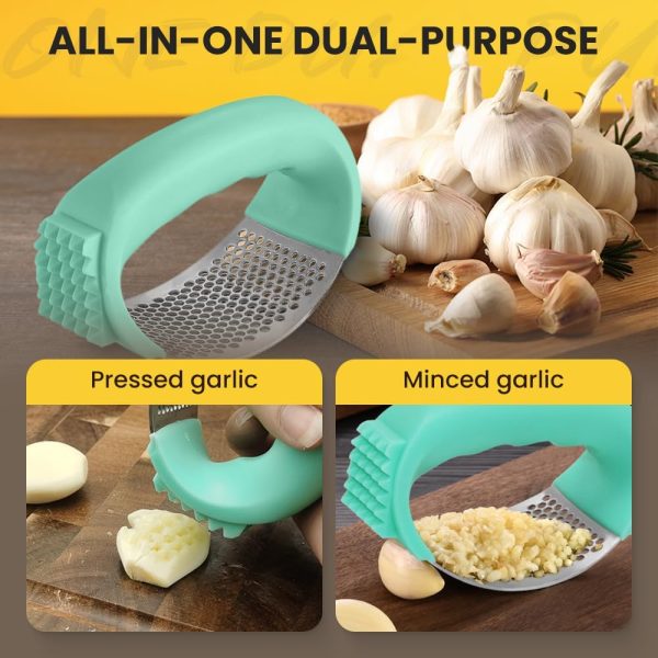 Stainless Steel Garlic Crusher 2025 Upgrade Garlic Press Rocker Set with Garlic Peeler & Clean Brush, Wide Handle Manual Garlic Presser Mincer Masher Chopper Kitchen Gadgets Tool for Smash Garlic (B) - Image 2