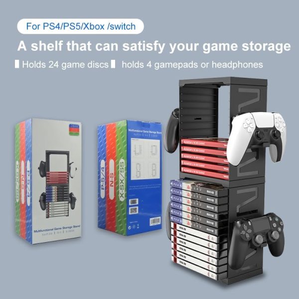 Video Game Storage Tower for PS5 PS4 Xbox Nintendo Switch Games, Universal Video Games Discs Organizers 24 PCS with 4 Controllers Holder, Game Disk Box Stand Rack Accessories - Image 5