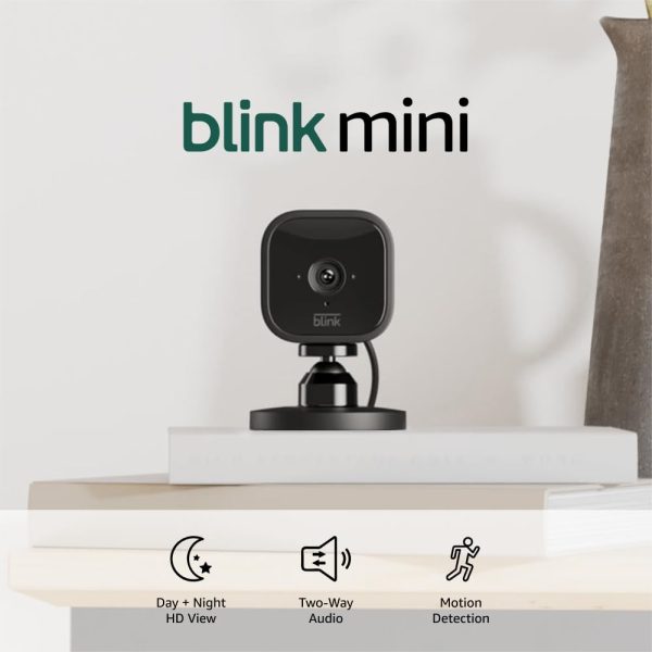 Blink Mini (newest model), Compact indoor plug-in smart security camera, 1080p HD video, night vision, motion detection, two-way audio, easy set up, Works with Alexa – 2 cameras (Black)