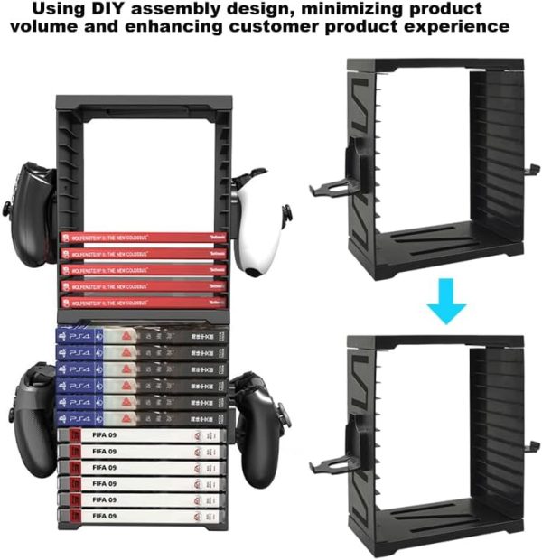 Video Game Storage Tower for PS5 PS4 Xbox Nintendo Switch Games, Universal Video Games Discs Organizers 24 PCS with 4 Controllers Holder, Game Disk Box Stand Rack Accessories - Image 3