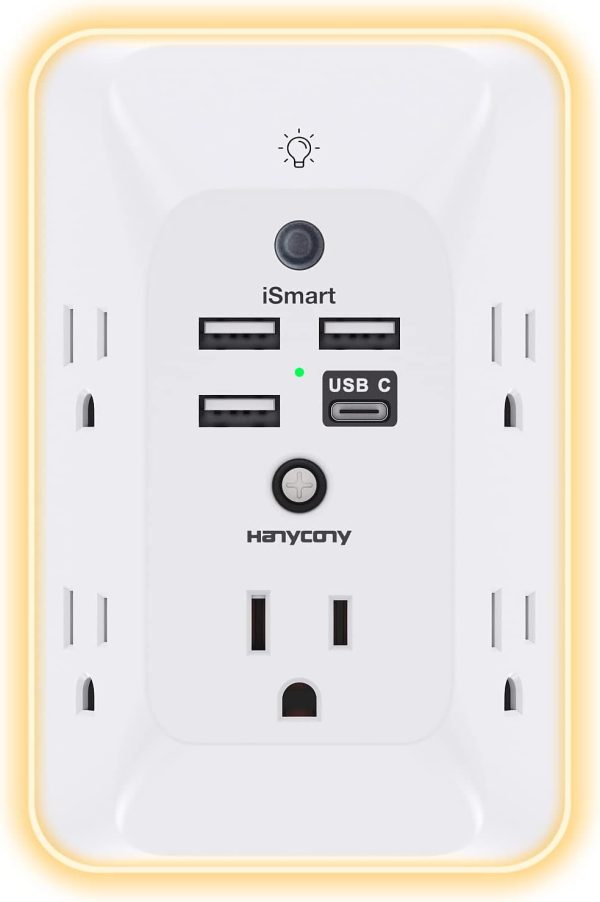 Outlet Extender with Night Light, Multi Plug Outlet, USB Wall Charger Surge Protector 4 USB Charging Port(1USB C), Power Strip Electrical Outlet Splitter Expander for Home Office Dorm Room ETL Listed