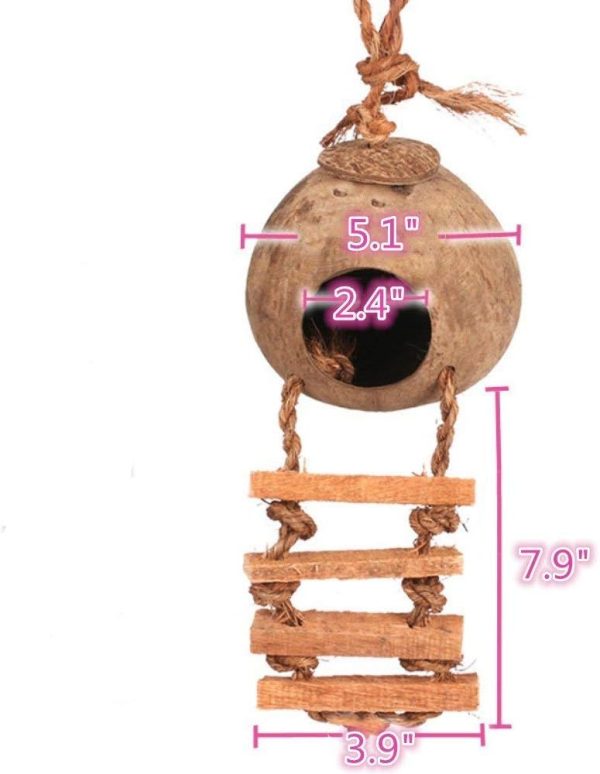 Hanging Bird House with Ladder Natural Coconut Fiber Shell Bird Nest Breeding for Parrot Parakeet Lovebird Finch Canary Coconut Hide Bird Swing Toys for Hamster Bird Cage Accessories Pet Bird Supplies - Image 5