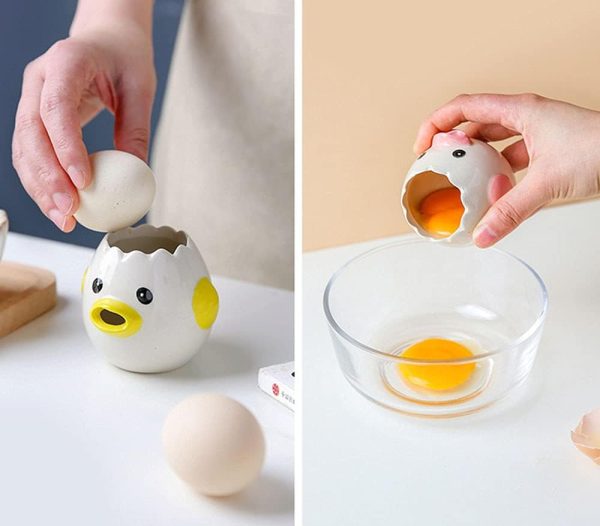 LuoCoCo Cute Egg Separator, Ceramics Vomiting Chicken Egg Yolk White Separator, Practical Household Small Egg Filter Splitter, Kitchen Gadget Baking Assistant Tool, Dishwasher Safe (Yellow) - Image 4