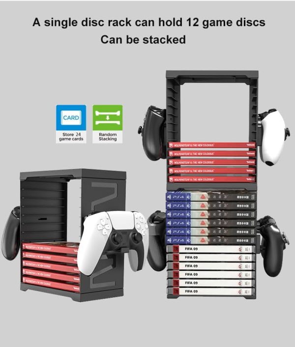 Video Game Storage Tower for PS5 PS4 Xbox Nintendo Switch Games, Universal Video Games Discs Organizers 24 PCS with 4 Controllers Holder, Game Disk Box Stand Rack Accessories - Image 6