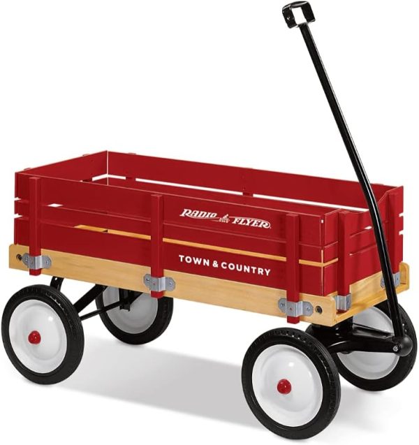 Radio Flyer Town and Country Wooden Wagon Kids Ride-On Outdoor Rolling Toy with Removable Side Panels and Foldable Long Handle, Red