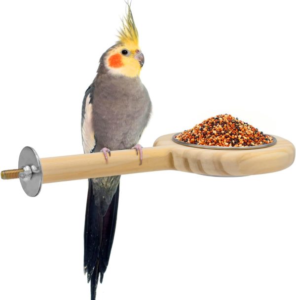 KATUMO Bird Perch Bird Feeding Cup Parrot Wood Perch Stand Toy Bird Cage Accessory for Parakeet Lovebird Conure Budgie Canary Finch Small Parrots