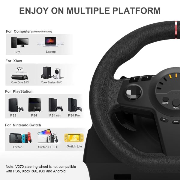 HQFYH PC Racing Wheel, Universal Usb Steering Wheel Car Driving Sim 270 Degree Racing Wheel with Pedals for PS3, PS4, Xbox One, Xbox Series X|S, Switch - Image 4