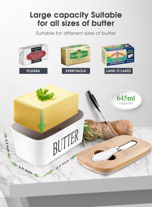 Butter Dish with Lid, Home Decor, Large Butter Dish for Countertop Ceramic Butter Keeper Container with Knife and High-Quality Silicone Sealing Butter Dish Good Kitchen Gift White - Image 3