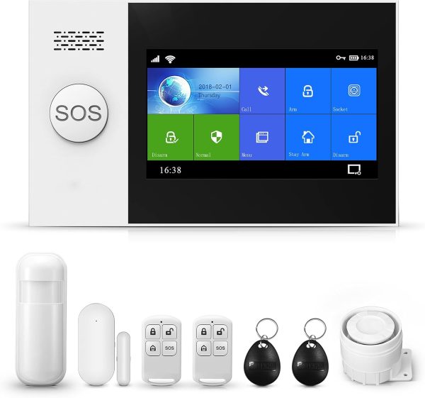 4.3Inch Full Touch Screen,WiFi+GSM/4G Home Smart Alarm Security System Kit,DIY Wireless Burglar Alert System,Motion Detector,Door Sensor,External Siren,Work with Alexa and Google (PG107-B)