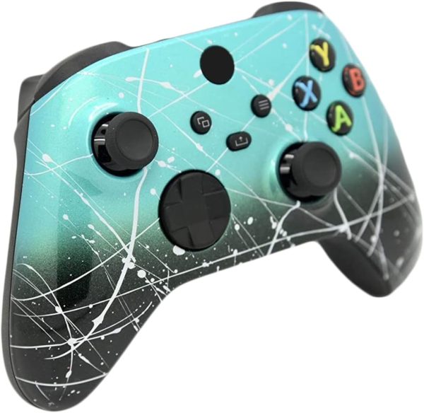 Hand Airbrushed Fade Custom Controller Compatible with Xbox Series X/S & Xbox One (Series X/S Teal & Black Fade W/Silver Splatter) - Image 2