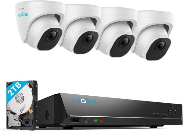 REOLINK 4K Security Camera System, 4pcs H.265 PoE Wired Turret 4K Cameras with Person Vehicle Detection, 4K/8MP 8CH NVR with 2TB HDD for 24-7 Recording, RLK8-800D4