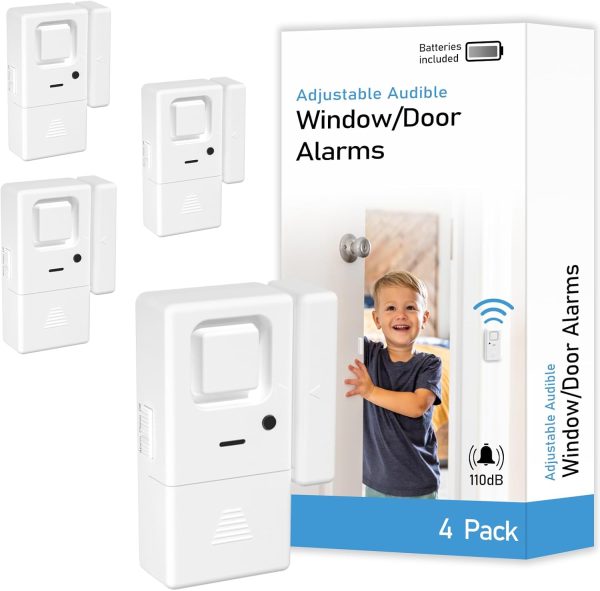 Door Window Alarms - 4 Pack - Adjustable Volume, Chime/Alarm, Wireless, Door Window Alarm Sensor for Home Security, Kids Safety, Door Open Alert Security Alarm for Home, Apartment and more, by Rosmila