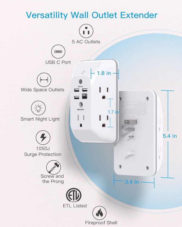 Outlet Extender with Night Light, Multi Plug Outlet, USB Wall Charger Surge Protector 4 USB Charging Port(1USB C), Power Strip Electrical Outlet Splitter Expander for Home Office Dorm Room ETL Listed - Image 3