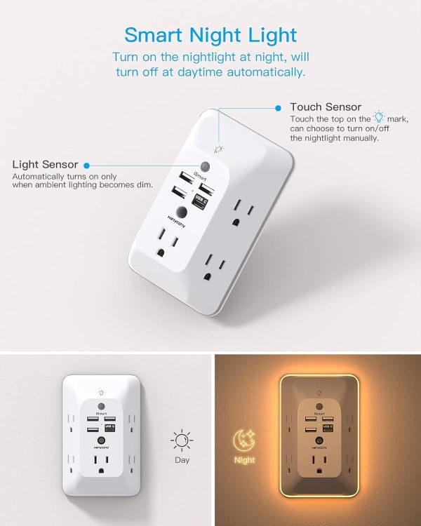 Outlet Extender with Night Light, Multi Plug Outlet, USB Wall Charger Surge Protector 4 USB Charging Port(1USB C), Power Strip Electrical Outlet Splitter Expander for Home Office Dorm Room ETL Listed - Image 2