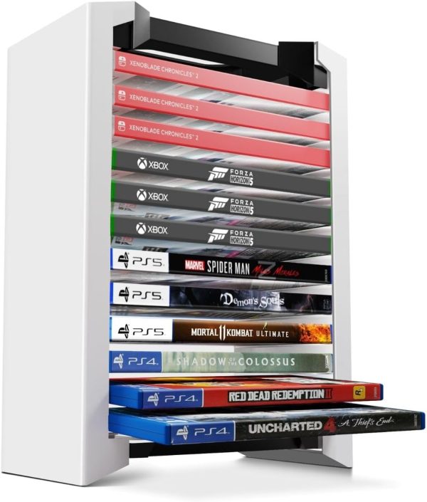 TNP Universal Video Game Storage Tower for PS5, PS4, PS3, Nintendo Switch, Xbox One, Xbox Series S/X - White Video Game Holder Organizer Stand with 12 CD Case Storage for Organizing & Displaying