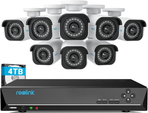 REOLINK 4K Security Camera System, RLK16-800B8 8pcs H.265 PoE Wired with Person Vehicle Detection, 8MP/4K 16CH NVR with 4TB HDD for 24-7 Recording