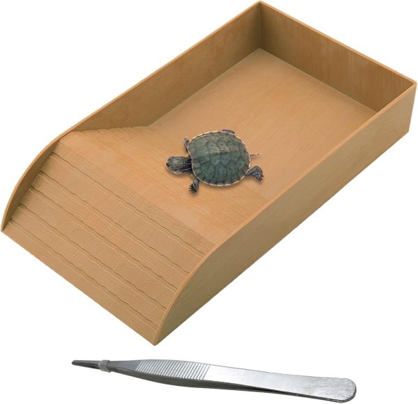 kathson Reptile Tortoise Turtle Feeding Dish with Ramp and Basking Platform Plastic Turtle Food and Water Bowl Also Fit for Bath Horned Frogs Lizards Amphibians (Brown, Emulational Wood)