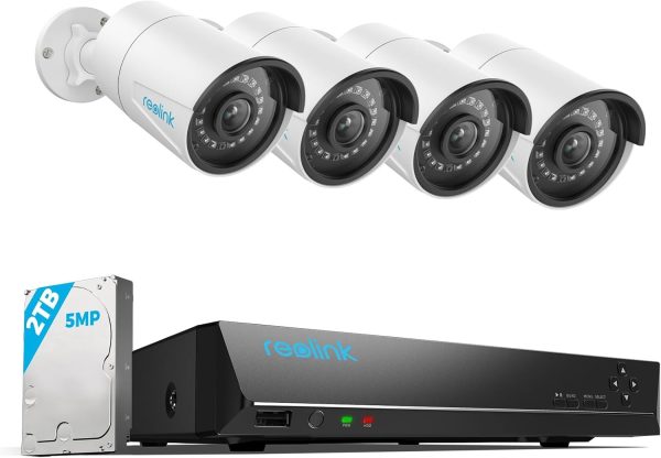 REOLINK 8CH 5MP Security Camera System, 4pcs Wired 5MP PoE Cameras for Home Security Outdoors, Smart Person/Pet/Vehicle Detection, 4K 8CH NVR with 2TB HDD for 24-7 Recording, RLK8-410B4-5MP White