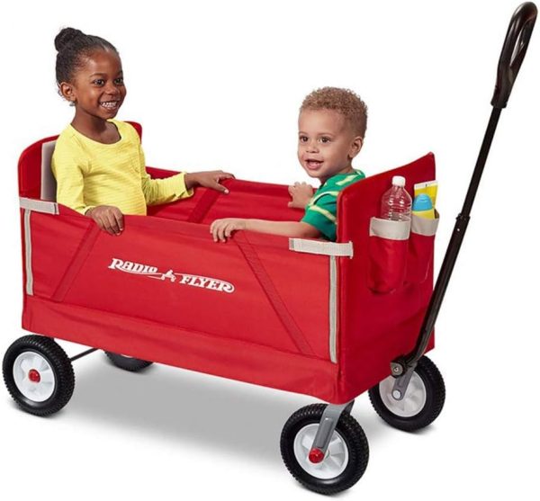 Radio Flyer All Terrain 3 in 1 Wagon for Kids and Cargo with 1 Hand Flat Fold, High Seat Backs, and Off Road Real Rubber Tires, Red