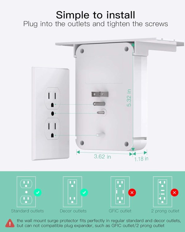 Wall Outlet Extender with Surge Protector, 6 AC Outlets, Shelf, 2 USB & USB C Charging Ports - Home & Dorm Plug Expander - Image 6