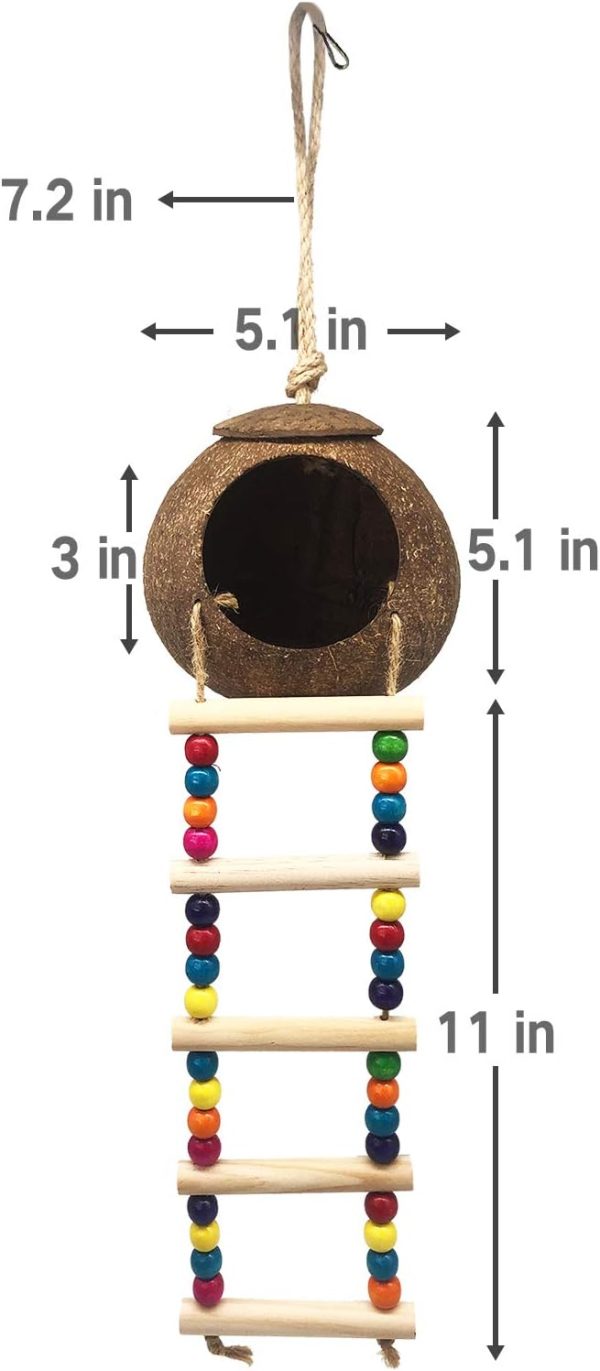 Hanging Coconut Bird House with Ladder,Natural Coconut Fiber Shell Bird Nest for Parrot Parakeet Lovebird Finch Canary,Coconut Hide Bird Swing Toys for Hamster,Bird Cage Accessories,Pet Bird Supplies - Image 3