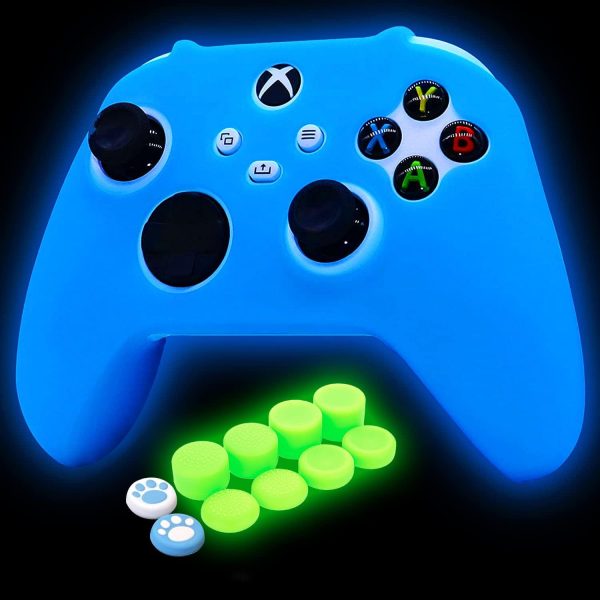 Blue Silicone Cover Skin for Xbox Series X/S Controller Glow in The Dark Anti-Slip Soft Rubber Case Protector Accessories Set with 8 Glow in The Dark Thumb Grips Caps + 2 Cute Cat Paw Caps.