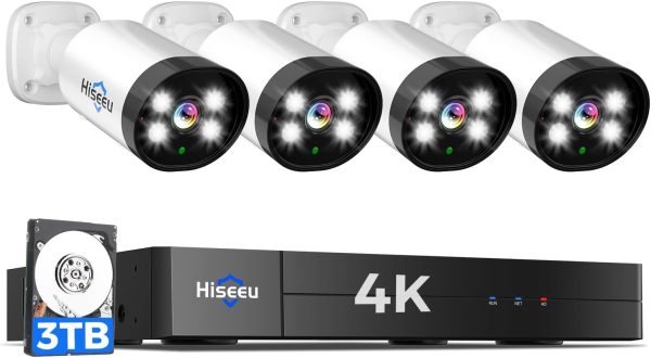 [4K Alarm Spotlight+Audio 3TB HDD] Hiseeu 4K Wired Security Camera System Outdoor,AI Human/Vehicle Detection,4K H.265+ Surveillance DVR 8CH with 4X8MP Home CCTV Cameras,Smart Playback,Remote Access