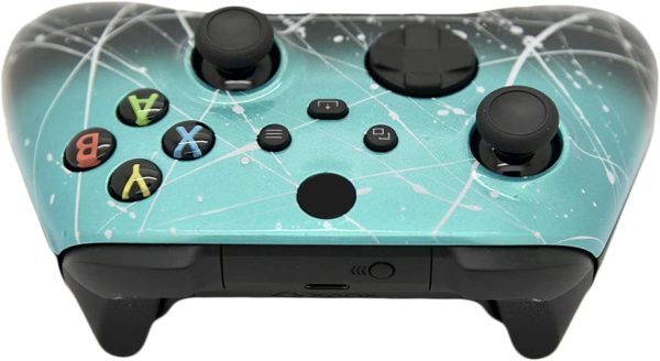 Hand Airbrushed Fade Custom Controller Compatible with Xbox Series X/S & Xbox One (Series X/S Teal & Black Fade W/Silver Splatter) - Image 3