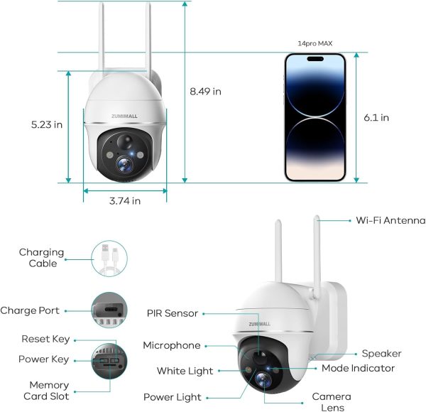 ZUMIMALL Security Cameras Wireless Outdoor WiFi with 360° PTZ, 2K Battery Cameras for Home Security, Spotlight & Siren/PIR Detection/3MP Color Night Vision/2-Way Talk/IP66/Clou/Alexa - Image 9