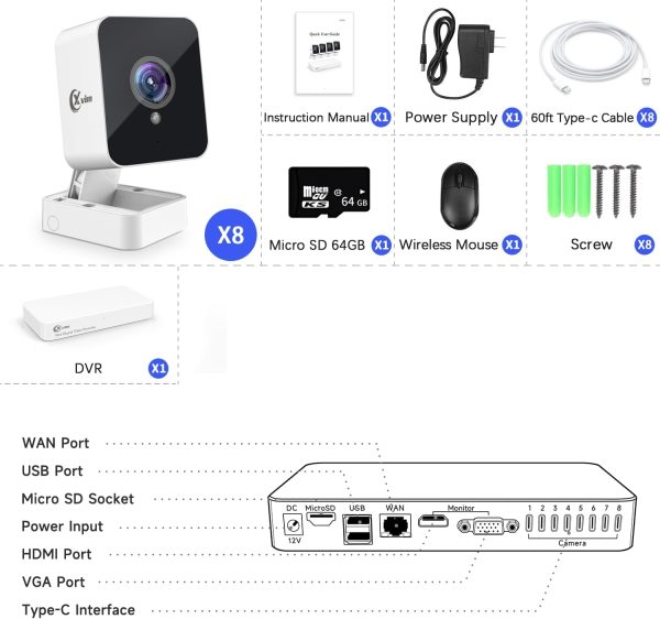 XVIM 8CH Wired Security Camera System with 64G SD Card, Mini 8PCS Surveillance Camera System Outdoor, Night Vision, Remote Access, Waterproof, DI88C-C109-XV/001 - Image 4