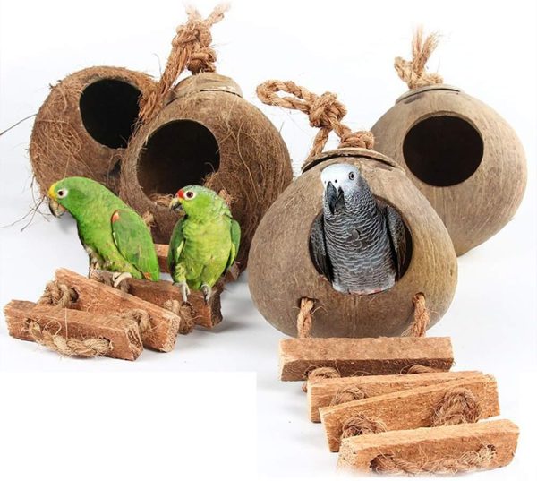 Hanging Bird House with Ladder Natural Coconut Fiber Shell Bird Nest Breeding for Parrot Parakeet Lovebird Finch Canary Coconut Hide Bird Swing Toys for Hamster Bird Cage Accessories Pet Bird Supplies - Image 2