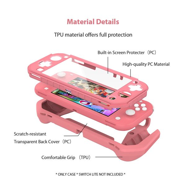 Switch Lite Case Protective Case for Nintendo Switch Lite, Compatible with Nintendo Switch Lite Screen Protector Cover Hand Grip Case with Detachable TPU+Built-in PC Screen + 2 Thumb Grip Caps, Pink - Image 7