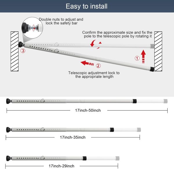 DIIG Sliding Door Security Bar，17.7-50.5inch Adjustable Locking Window Safety Bar with Rubber Tips,Diameter 1inch Window Security Bar for Home Apartment （White） - Image 4