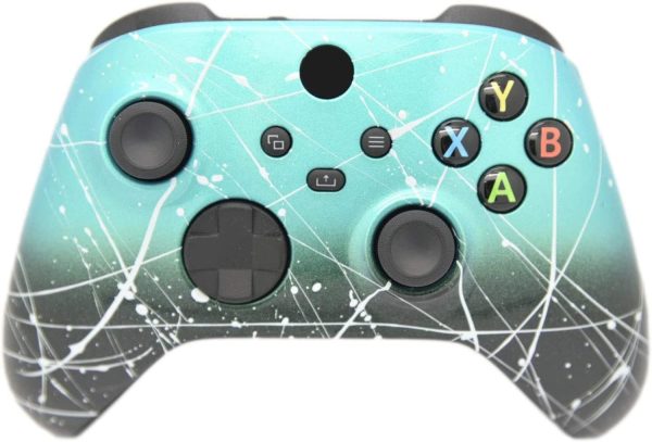 Hand Airbrushed Fade Custom Controller Compatible with Xbox Series X/S & Xbox One (Series X/S Teal & Black Fade W/Silver Splatter)