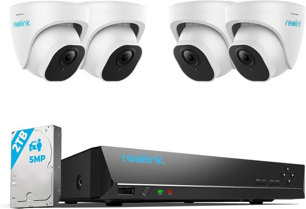 REOLINK Smart 5MP 8CH Home Security Camera System, 4pcs Wired 5MP PoE IP Cameras Outdoor with Person/Pet/Vehicle Detection, 4K 8CH NVR with 2TB HDD for 24-7 Recording, RLK8-520D4-5MP