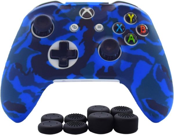 Hikfly Silicone Gel Controller Cover Skin Protector Kits for Xbox One Controller Video Games(1 x Controller Camouflage cover with 8 x Thumb Grip Caps)(Blue)