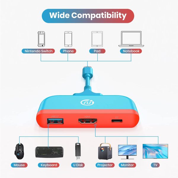 NEWDERY Switch Dock for Nintendo, Switch Docking Station for TV, Type C to 4K HDMI Hub Switch TV Adapter, Portable Travel PD Charging Dock for Nintendo Switch OLED/Steam Deck/Samsung DeX - Image 4