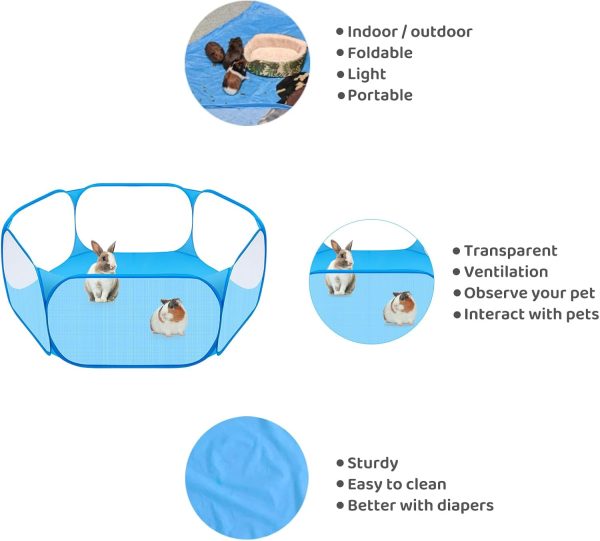 Small Animals C&C Cage Tent, Breathable & Transparent Pet Playpen Pop Open Outdoor/Indoor Exercise Fence, Portable Yard Fence for Guinea Pig, Rabbits, Hamster, Chinchillas and Hedgehogs (Blue) - Image 2