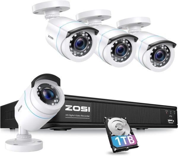 ZOSI H.265+ Full 1080p Home Security Camera System Outdoor Indoor, 5MP-Lite CCTV DVR 8 Channel with AI Human Vehicle Detection, 4 x 1080p Weatherproof Surveillance Camera, 80ft Night Vision, 1TB HDD