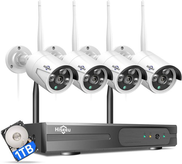 [Wireless Pro, 100ft Range] Hiseeu Wireless Security Camera System, Expandable 16CH 4K NVR, 4Pcs 3MP Night Vision WiFi Cameras Home Surveillance Outdoor, Motion Detection, 1TB HDD, One-Way Audio