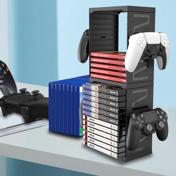 Video Game Storage Tower for PS5 PS4 Xbox Nintendo Switch Games, Universal Video Games Discs Organizers 24 PCS with 4 Controllers Holder, Game Disk Box Stand Rack Accessories - Image 2