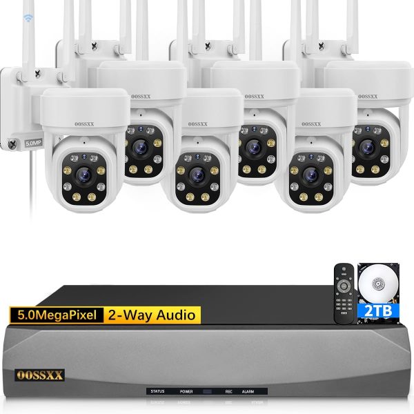 (Auto-Tracking & 2-Way Audio) WiFi PTZ Outdoor Security Camera System Pan 5MP Wireless Cameras System 10 Channel NVR Video Surveillance DVR Set