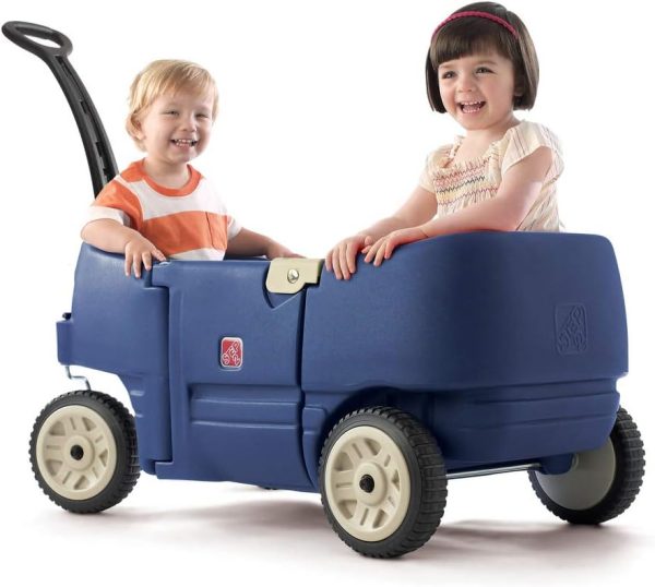 Step2 Wagon for Two Plus for Kids, Large Folding Wagon, Safety Belts, Under Seat Storage, Toddlers Ages 1.5+ Years Old, Denim Blue