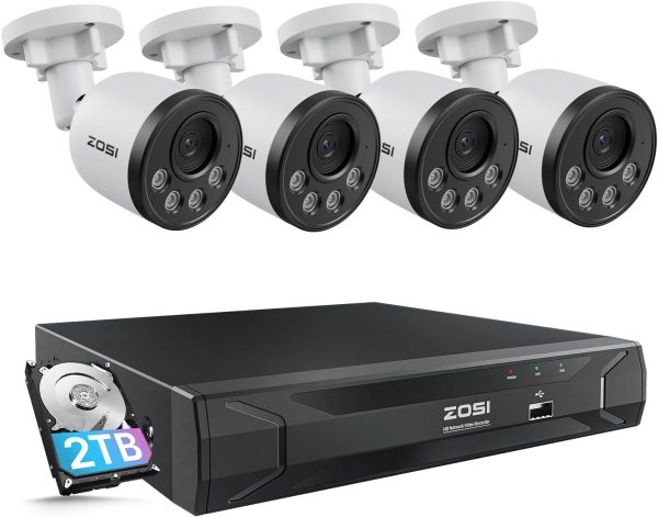 ZOSI 5MP 8CH PoE Security Camera System with Audio,4pcs PoE IP Cameras Outdoor,Night Vision,Smart Human Detection,Remote Access,H.265+ 8 Channel 5MP(3K) NVR with 2TB HDD for Home 24/7 Recording