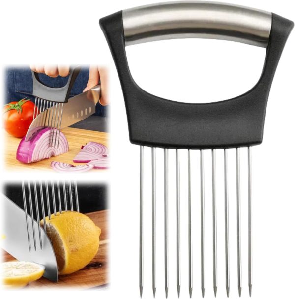 Stainless Steel Onion Slice Holder, Lemon Slicer Vegetable Cutter, Chopper Slicing Assistant Tool for Meat, Onion, Potato, Tomato Home Kitchen Tools (1 PCS)