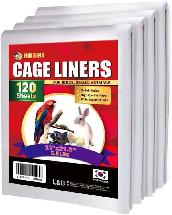 HASHI Bird Cage Liner - 120 Disposable Sheets, 31" x 21.5", 5.5 lb - Made from Acid-Free Newsprint. Non-Toxic for Birds, Ideal for Packing, Pet Cages, Crafts, Shipping, and Moving. Easy to Clean