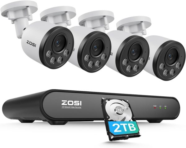 ZOSI 8CH 5MP Security Camera System with Audio, Night Vision, Smart Human Detection, 4pcs 4MP Wired PoE Outdoor Indoor Home Cameras, 3K 8Channel Surveillance NVR with 2TB HDD for 24/7 Recording