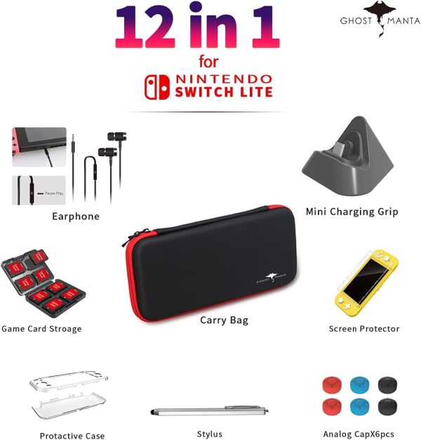 Switch Lite 12 in 1 Accessories Kit For Nintendo Switch Lite Console, Bundle Mini Charging Base, Headphone, Protective Cover case, Carry Bag, Screen Protector, Game Card Storage, Stylus, 6 Thumb Grips - Image 2