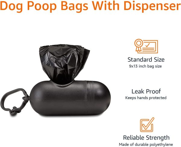 Amazon Basics Dog Poop Leak Proof Bags with Dispenser and Leash Clip, Unscented, 900 Count, 60 Pack of 15, Black, 13 x 9 Inch - Image 4