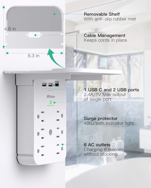 Wall Outlet Extender with Surge Protector, 6 AC Outlets, Shelf, 2 USB & USB C Charging Ports - Home & Dorm Plug Expander - Image 3